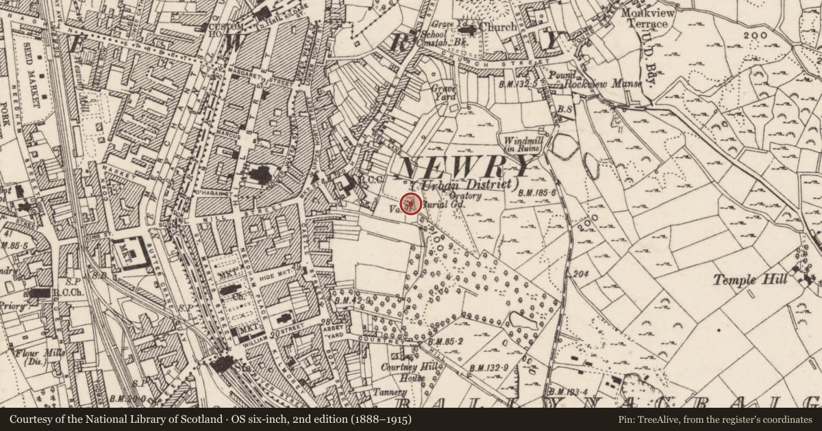 Ordnance Survey six-inch map, 2nd edition (1888–1915) covering the location of Vault at St. Clare’s Convent, Ballinacraig, Newry, Mourne and Down, with a pin at the register's coordinates