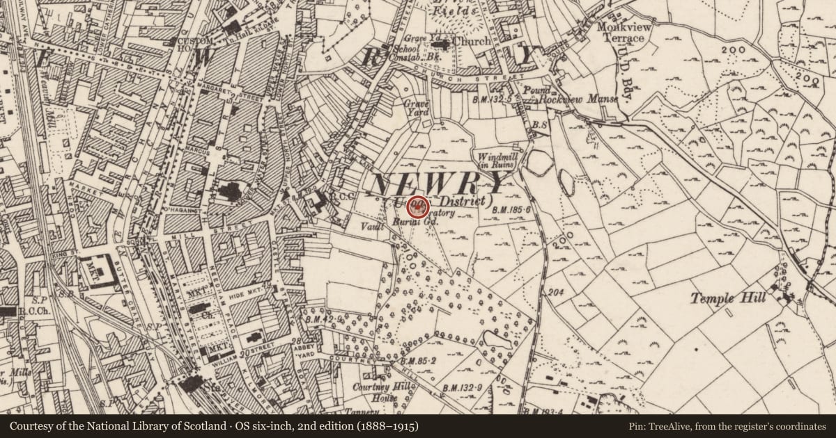 Ordnance Survey six-inch map, 2nd edition (1888–1915) covering the location of Marian Chapel, Ballinacraig, Newry, Mourne and Down, with a pin at the register's coordinates