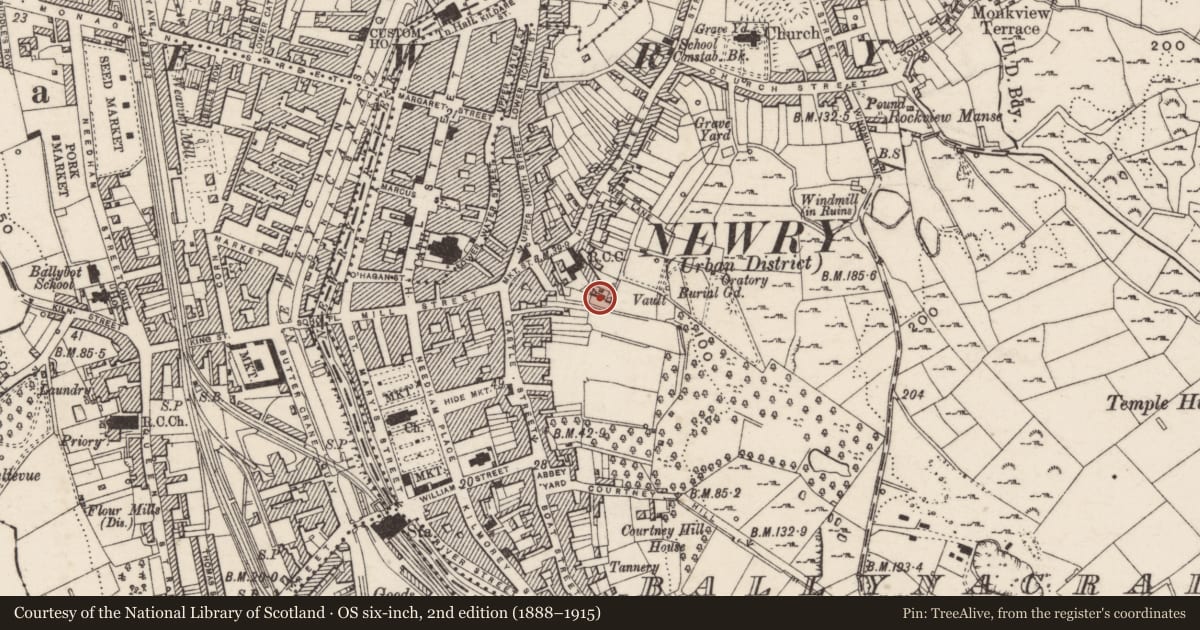 Ordnance Survey six-inch map, 2nd edition (1888–1915) covering the location of Factory, Ballinacraig, Newry, Mourne and Down, with a pin at the register's coordinates
