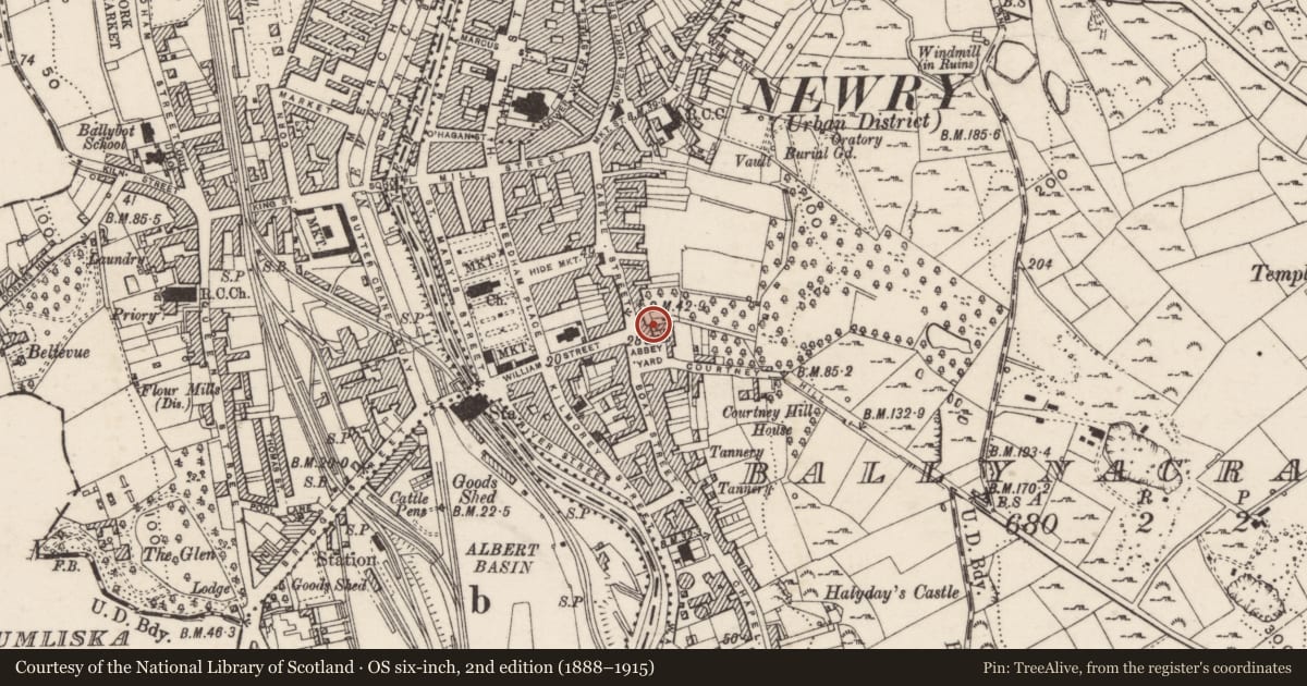 Ordnance Survey six-inch map, 2nd edition (1888–1915) covering the location of 9 Abbey Yard, Ballinacraig, Newry, Mourne and Down, with a pin at the register's coordinates