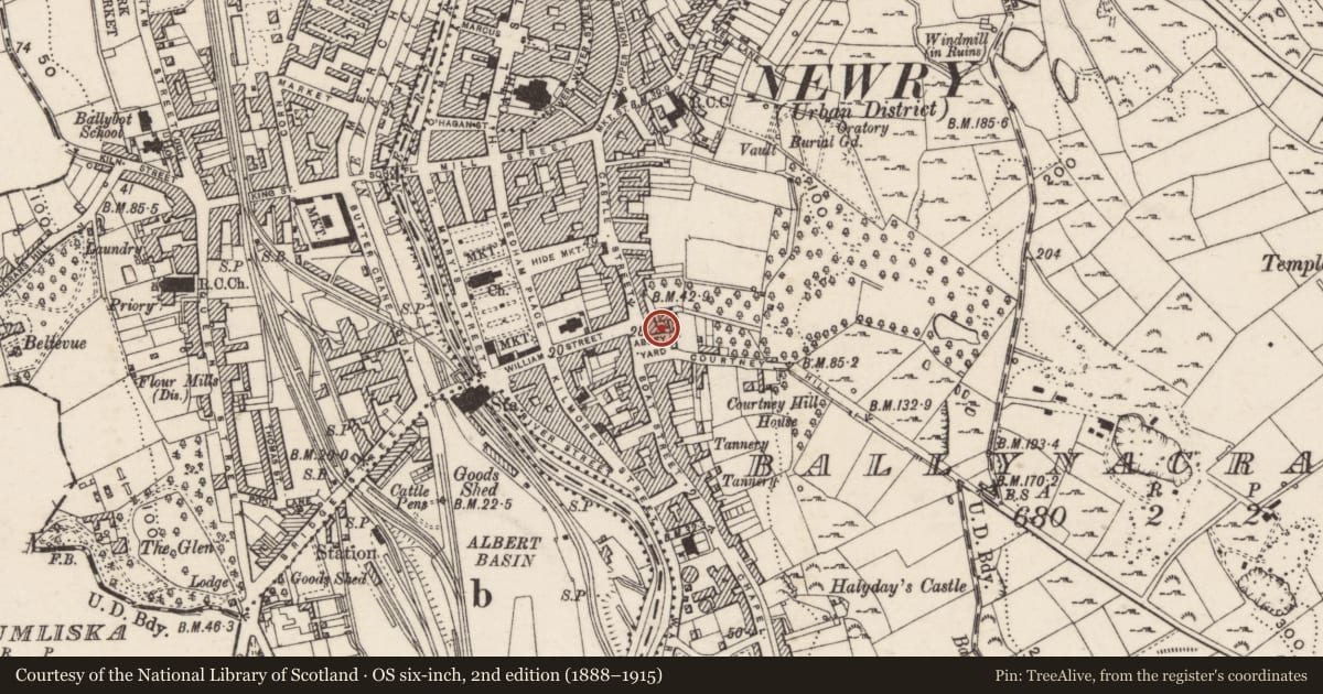 Ordnance Survey six-inch map, 2nd edition (1888–1915) covering the location of Former Coach house, Ballinacraig, Newry, Mourne and Down, with a pin at the register's coordinates