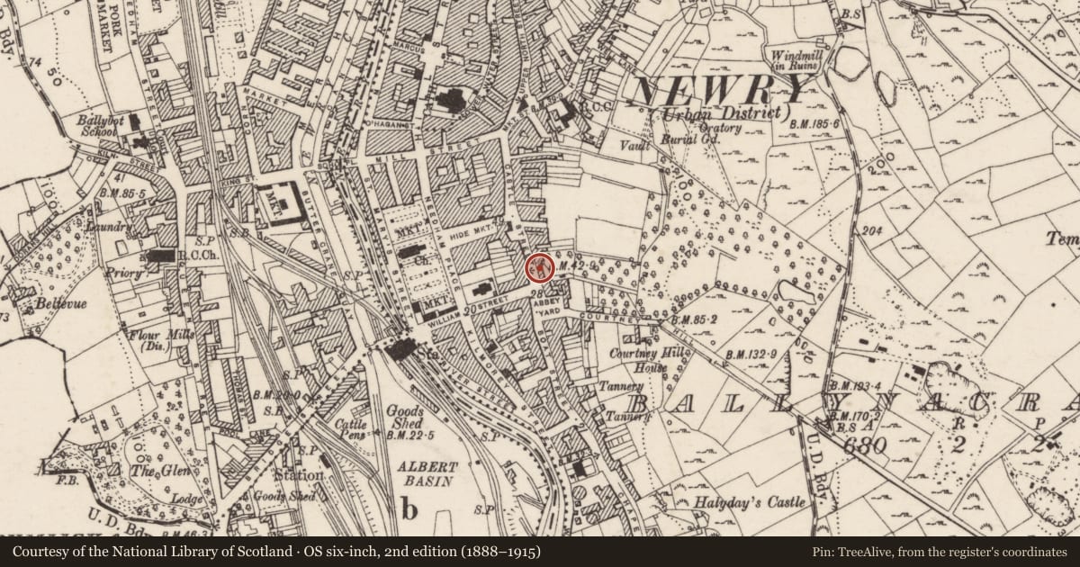 Ordnance Survey six-inch map, 2nd edition (1888–1915) covering the location of Building between nos. 9-10, Ballinacraig, Newry, Mourne and Down, with a pin at the register's coordinates