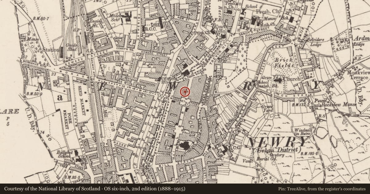 Ordnance Survey six-inch map, 2nd edition (1888–1915) covering the location of 90 Hill Street, Carneyhough, Newry, Mourne and Down, with a pin at the register's coordinates