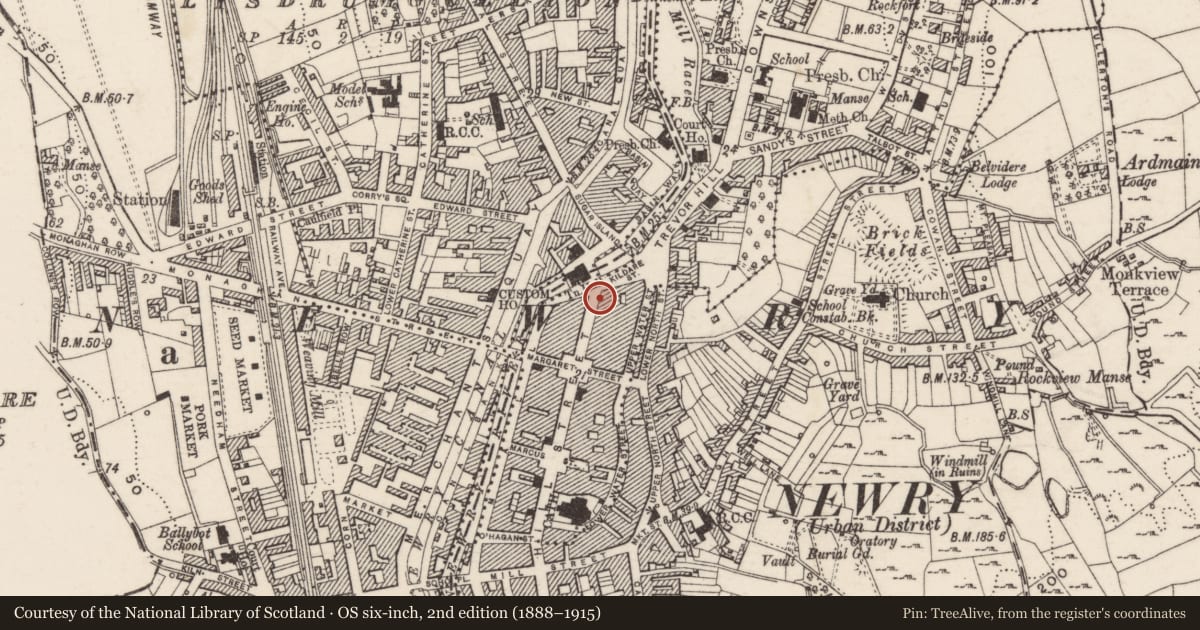 Ordnance Survey six-inch map, 2nd edition (1888–1915) covering the location of 89 Hill St, Carneyhough, Newry, Mourne and Down, with a pin at the register's coordinates