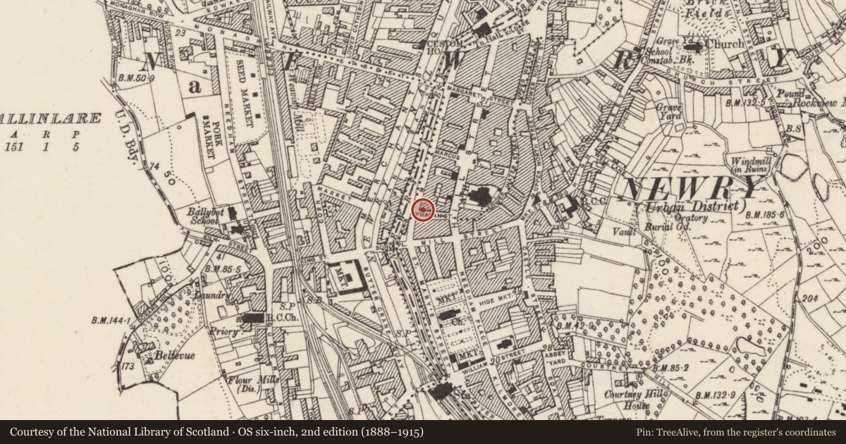 Ordnance Survey six-inch map, 2nd edition (1888–1915) covering the location of The Hibernian Club, Carneyhough, Newry, Mourne and Down, with a pin at the register's coordinates