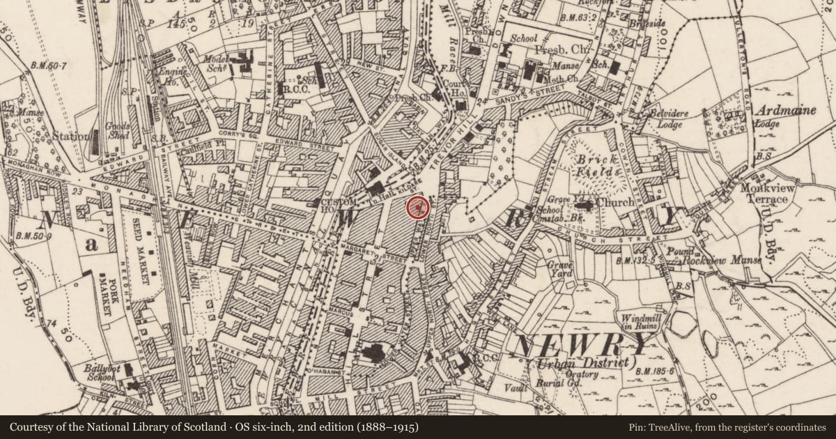 Ordnance Survey six-inch map, 2nd edition (1888–1915) covering the location of 28 Upper Water Street, Carneyhough, Newry, Mourne and Down, with a pin at the register's coordinates