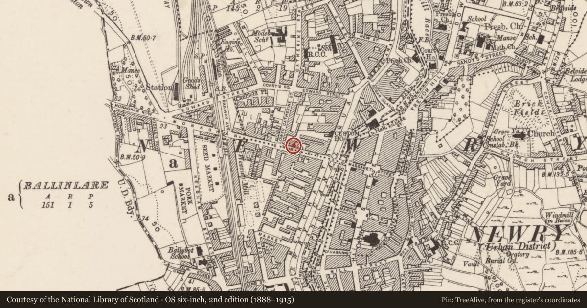 Ordnance Survey six-inch map, 2nd edition (1888–1915) covering the location of 5 Monaghan Street, Lisdrumgullion, Newry, Mourne and Down, with a pin at the register's coordinates