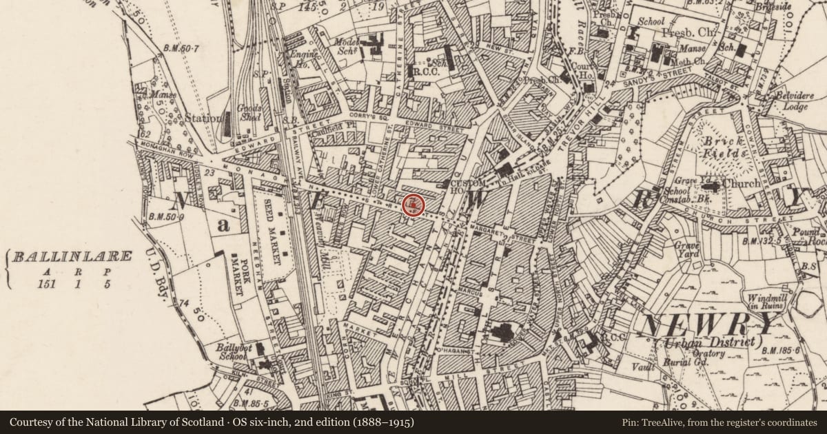 Ordnance Survey six-inch map, 2nd edition (1888–1915) covering the location of Stewart's Wine Barrel, Lisdrumgullion, Newry, Mourne and Down, with a pin at the register's coordinates
