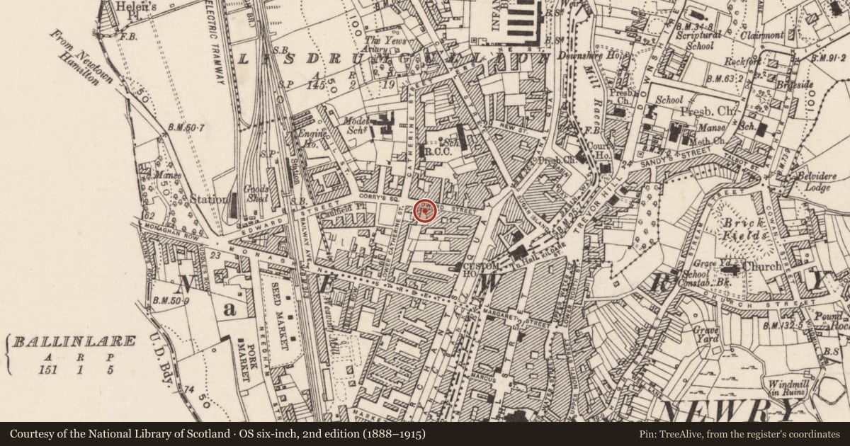 Ordnance Survey six-inch map, 2nd edition (1888–1915) covering the location of 18 Edward Street, Lisdrumgullion, Newry, Mourne and Down, with a pin at the register's coordinates