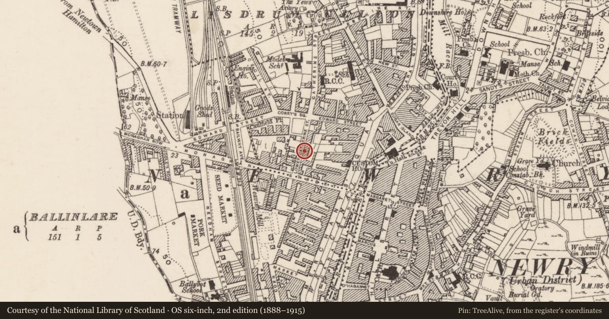 Ordnance Survey six-inch map, 2nd edition (1888–1915) covering the location of 1-17 Lower Catherine Street, Lisdrumgullion, Newry, Mourne and Down, with a pin at the register's coordinates