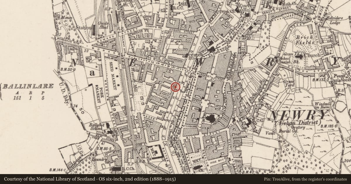 Ordnance Survey six-inch map, 2nd edition (1888–1915) covering the location of Hogg's Furnishing Centre Ltd, Lisdrumgullion, Newry, Mourne and Down, with a pin at the register's coordinates