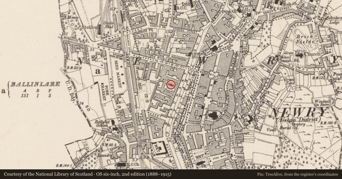 Ordnance Survey six-inch map, 2nd edition (1888–1915) covering the location of Rear of Hogg's Furnishing Centre, Lisdrumgullion, Newry, Mourne and Down, with a pin at the register's coordinates
