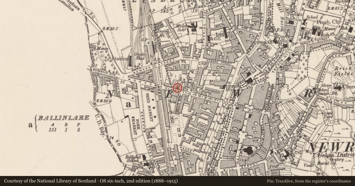 Ordnance Survey six-inch map, 2nd edition (1888–1915) covering the location of 19a & c Monaghan Street, Lisdrumgullion, Newry, Mourne and Down, with a pin at the register's coordinates
