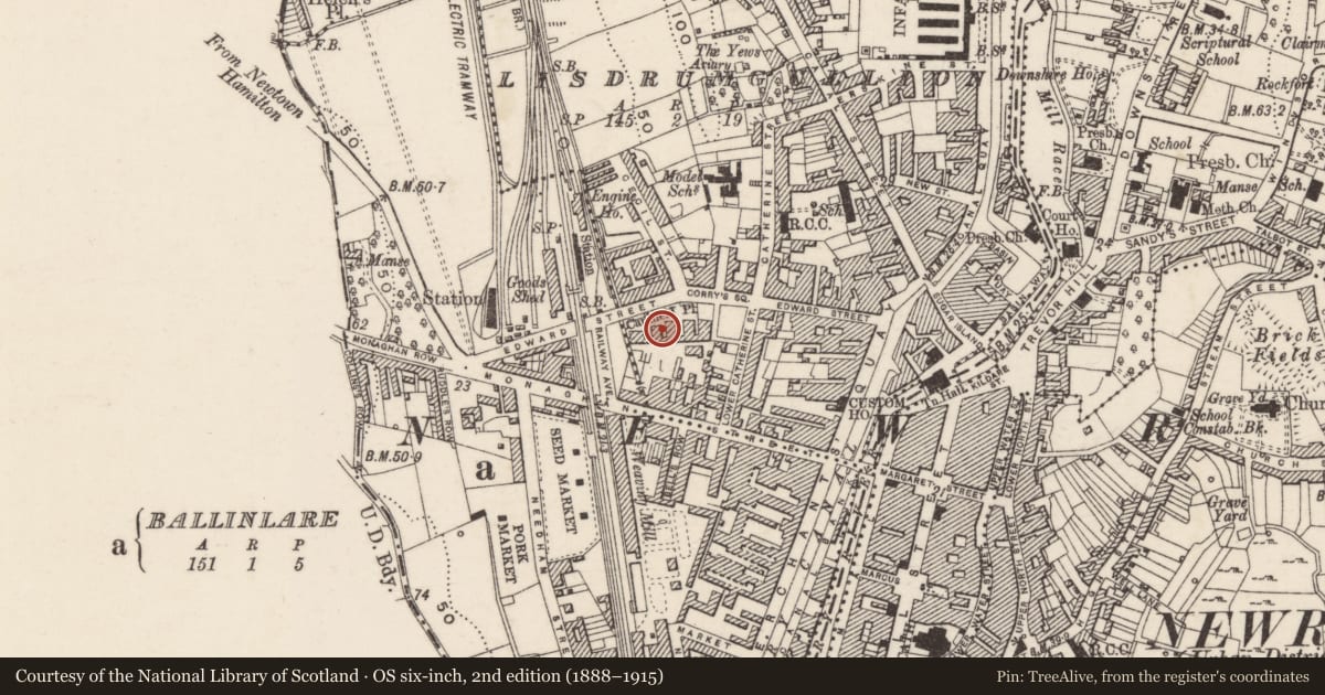 Ordnance Survey six-inch map, 2nd edition (1888–1915) covering the location of 1-17 Caulfield Place, Lisdrumgullion, Newry, Mourne and Down, with a pin at the register's coordinates
