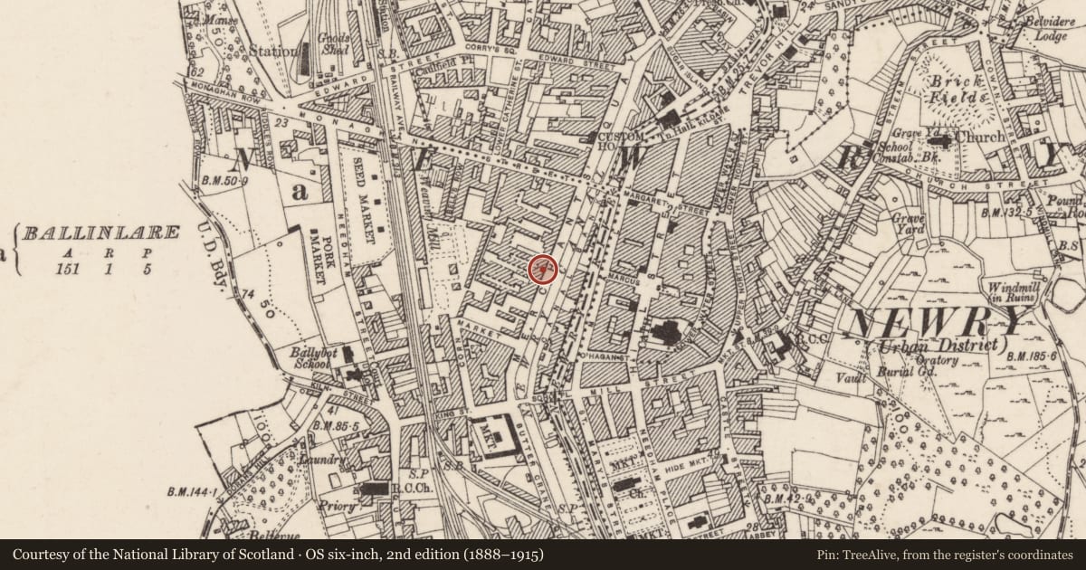 Ordnance Survey six-inch map, 2nd edition (1888–1915) covering the location of 36b & 37 Merchant's Quay, Ballinlare, Newry, Mourne and Down, with a pin at the register's coordinates