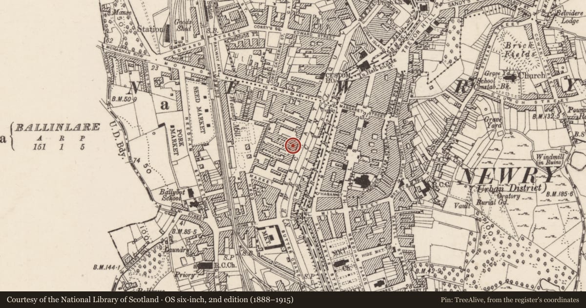 Ordnance Survey six-inch map, 2nd edition (1888–1915) covering the location of Rear of 36b Merchants Quay, Ballinlare, Newry, Mourne and Down, with a pin at the register's coordinates