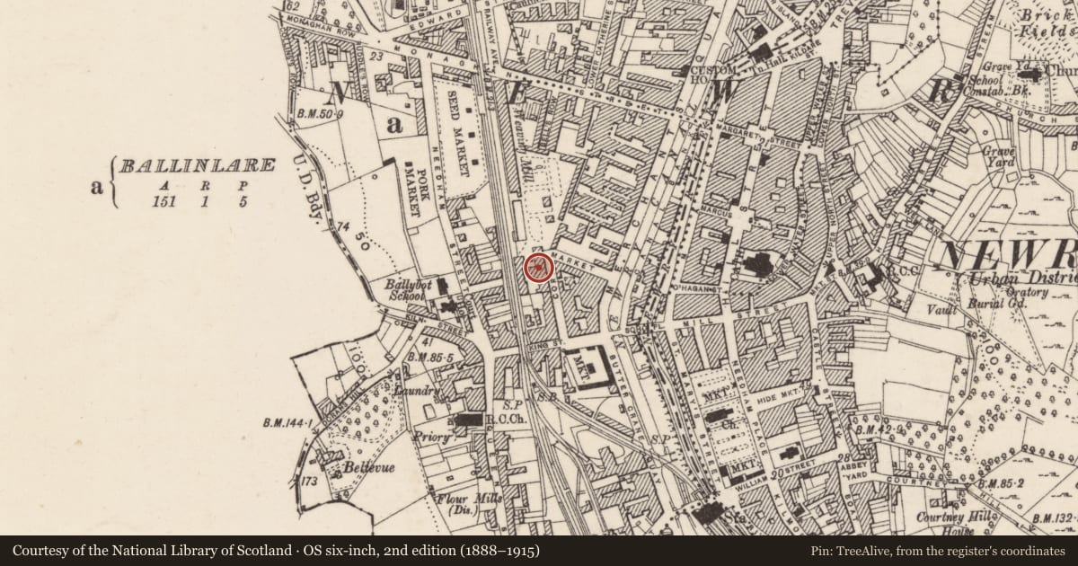 Ordnance Survey six-inch map, 2nd edition (1888–1915) covering the location of Ballybot House, Ballinlare, Newry, Mourne and Down, with a pin at the register's coordinates