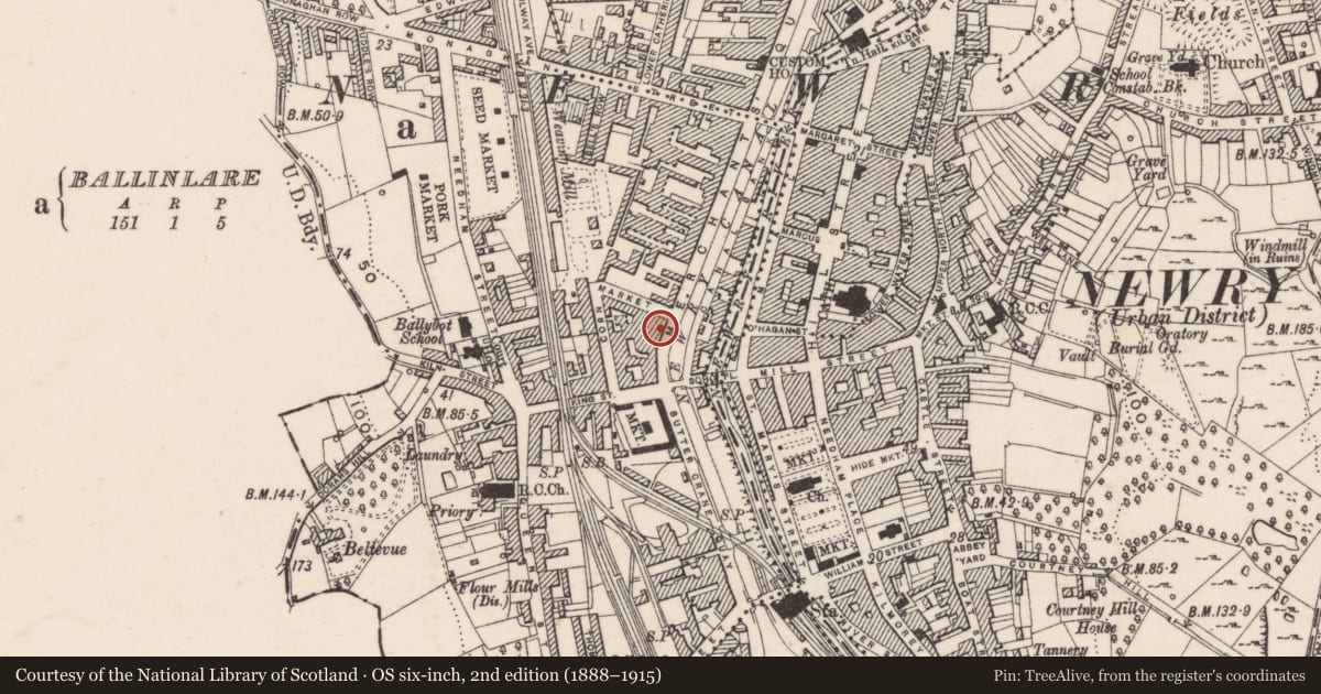 Ordnance Survey six-inch map, 2nd edition (1888–1915) covering the location of 47 Merchants Quay, Ballinlare, Newry, Mourne and Down, with a pin at the register's coordinates