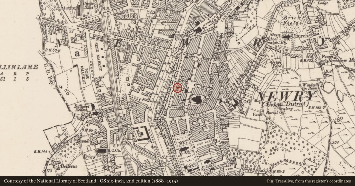 Ordnance Survey six-inch map, 2nd edition (1888–1915) covering the location of 36 The Mall, Carneyhough, Newry, Mourne and Down, with a pin at the register's coordinates
