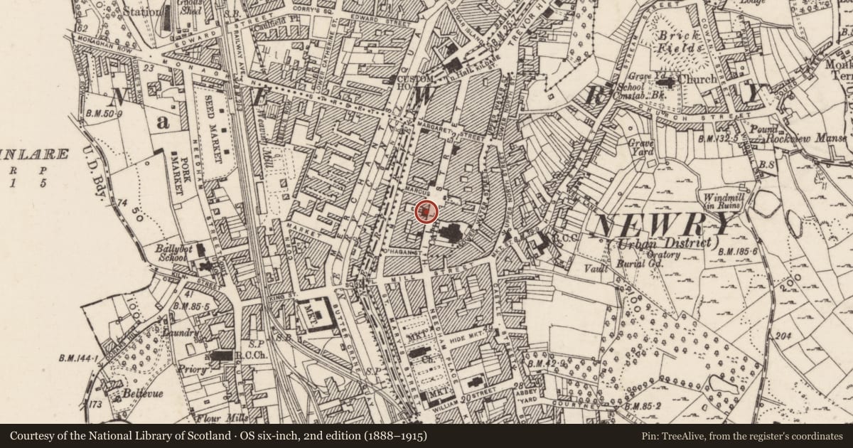 Ordnance Survey six-inch map, 2nd edition (1888–1915) covering the location of 50-52 Hill Street, Ballynacraig, Newry, Mourne and Down, with a pin at the register's coordinates
