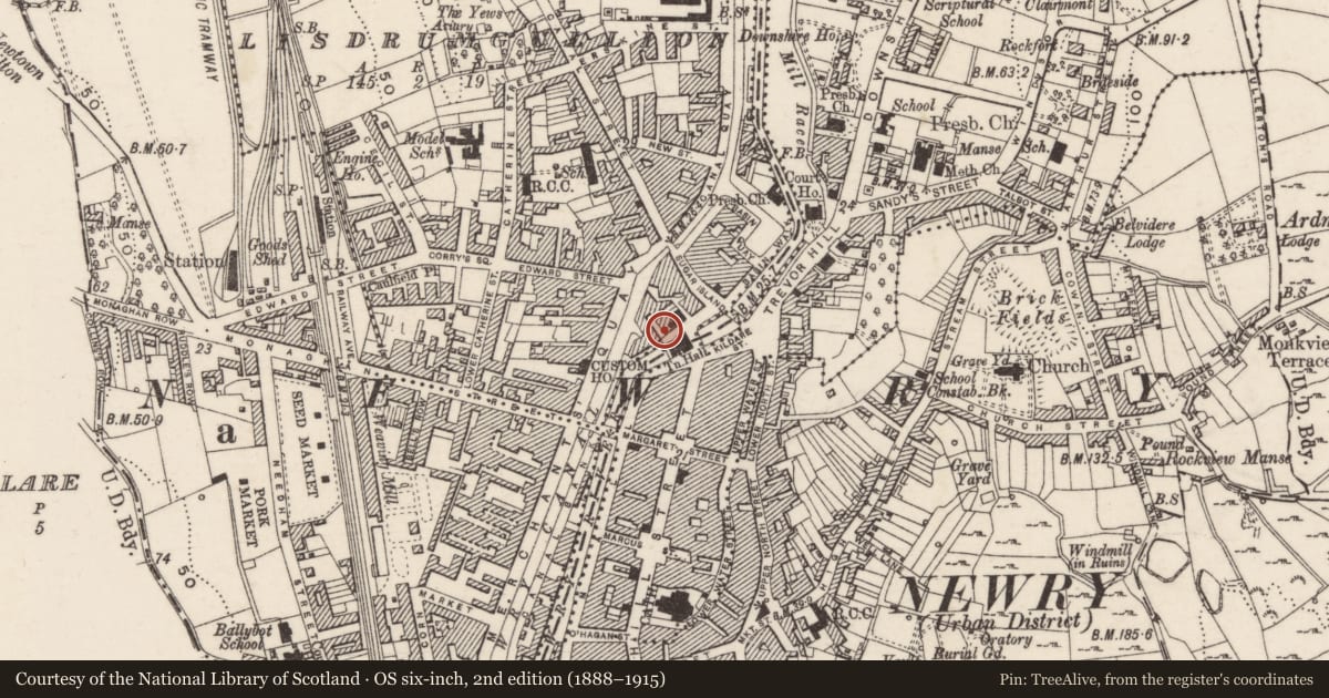 Ordnance Survey six-inch map, 2nd edition (1888–1915) covering the location of 1 Bank Parade, Lisdrumgullion, Newry, Mourne and Down, with a pin at the register's coordinates