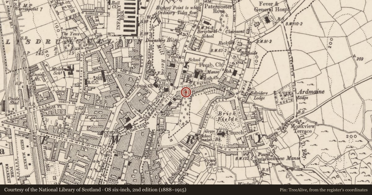 Ordnance Survey six-inch map, 2nd edition (1888–1915) covering the location of 1 Bagot Street, Carneyhough, Newry, Mourne and Down, with a pin at the register's coordinates