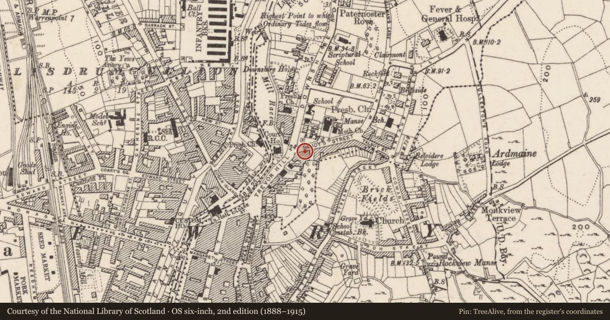 Ordnance Survey six-inch map, 2nd edition (1888–1915) covering the location of 5 Sandy's Street, Carneyhough, Newry, Mourne and Down, with a pin at the register's coordinates