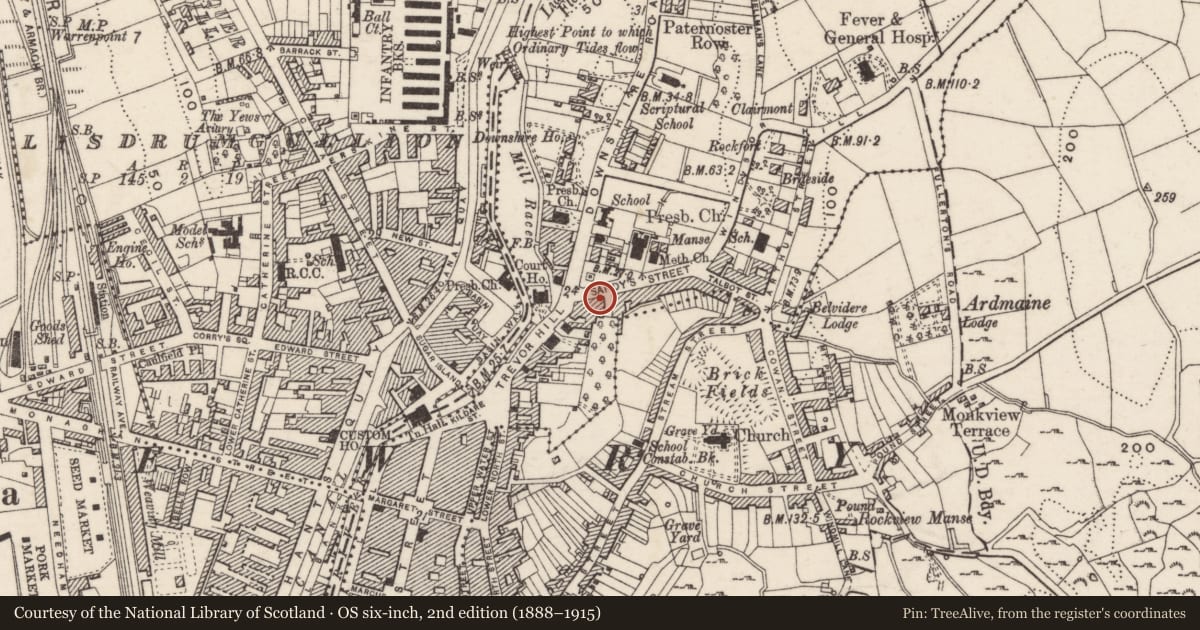 Ordnance Survey six-inch map, 2nd edition (1888–1915) covering the location of 6 Sandys Street, Carneyhough, Newry, Mourne and Down, with a pin at the register's coordinates