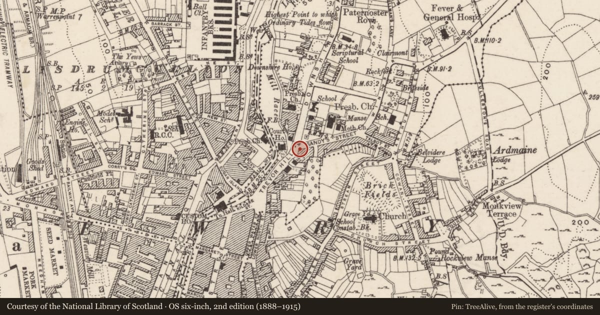 Ordnance Survey six-inch map, 2nd edition (1888–1915) covering the location of The Brass Monkey, Carneyhough, Newry, Mourne and Down, with a pin at the register's coordinates