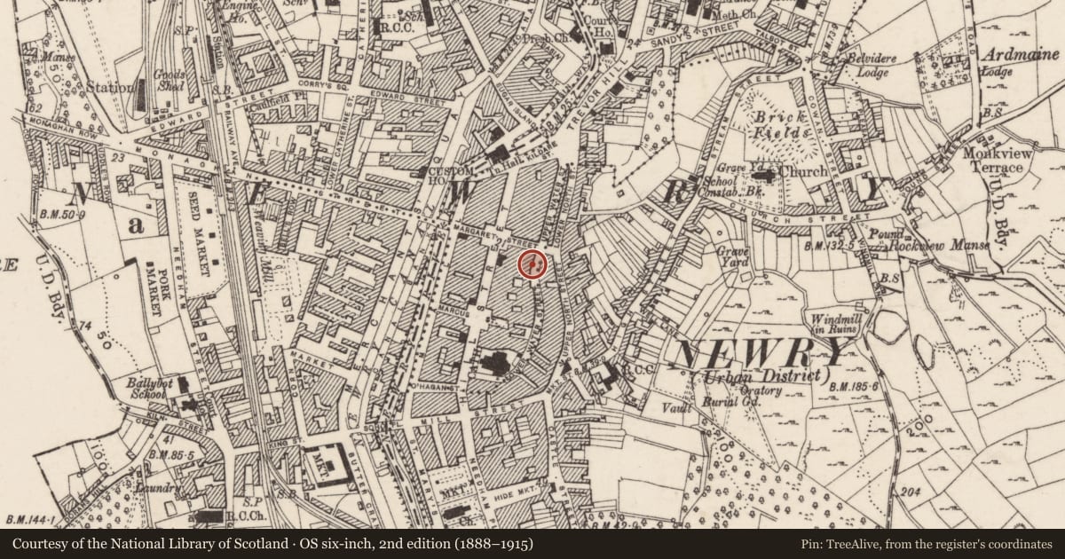 Ordnance Survey six-inch map, 2nd edition (1888–1915) covering the location of Newry Reporter Office, Carneyhough, Newry and Mourne, with a pin at the register's coordinates