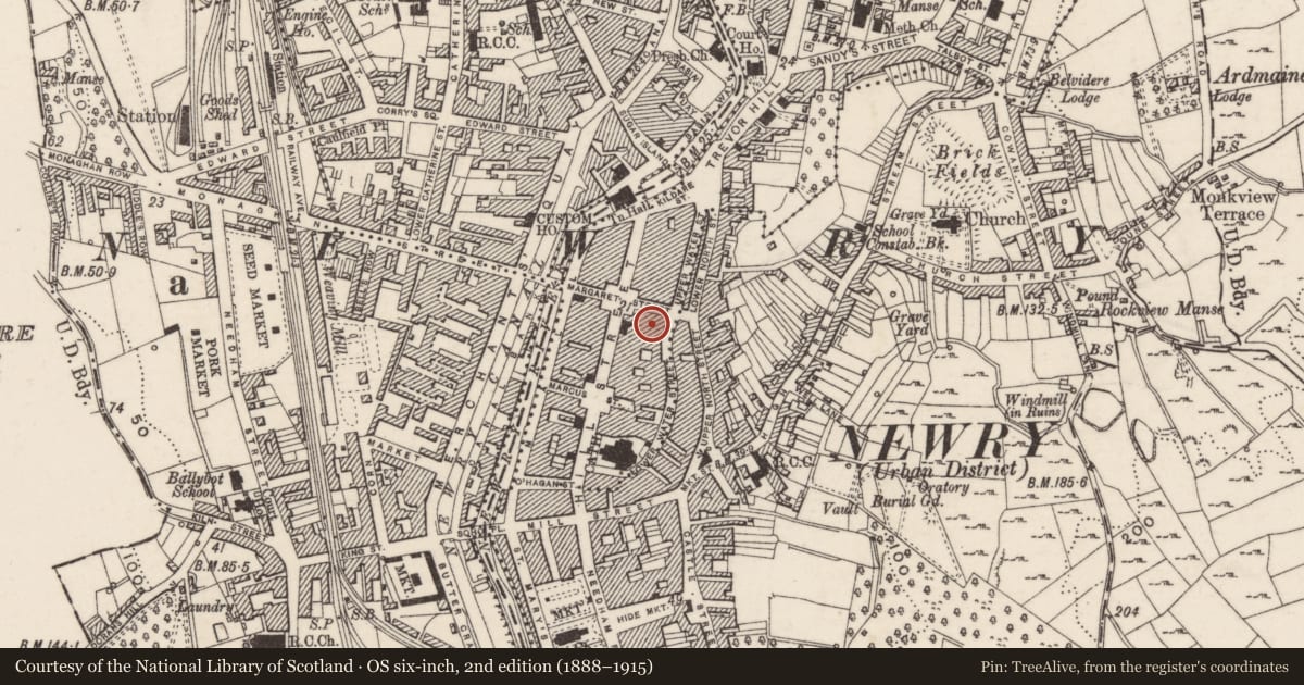 Ordnance Survey six-inch map, 2nd edition (1888–1915) covering the location of 6 Margaret Street, Carneyhough, Newry, Mourne and Down, with a pin at the register's coordinates