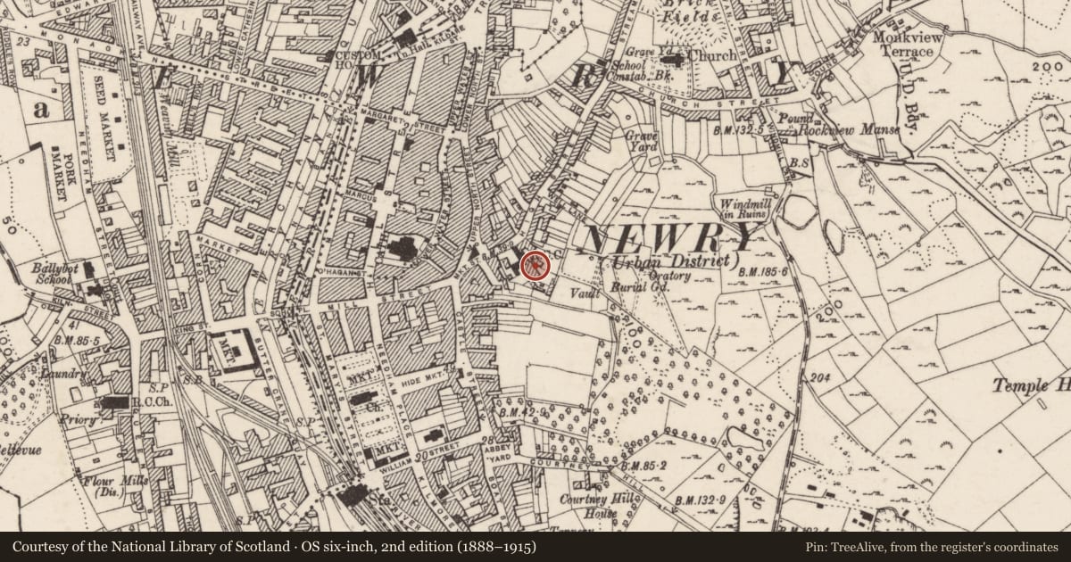 Ordnance Survey six-inch map, 2nd edition (1888–1915) covering the location of First Presbyterian Meeting House and Burial Ground, Ballinacraig, Newry, Mourne and Down, with a pin at the register's coordinates