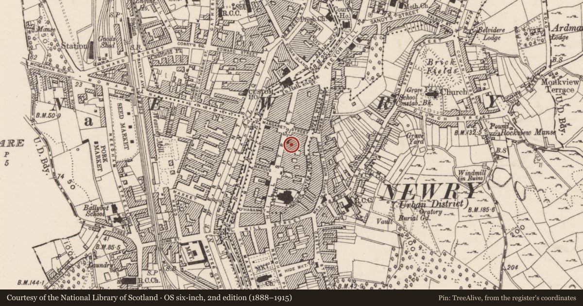 Ordnance Survey six-inch map, 2nd edition (1888–1915) covering the location of 61 Hill Street, Carneyhough, Newry, Mourne and Down, with a pin at the register's coordinates