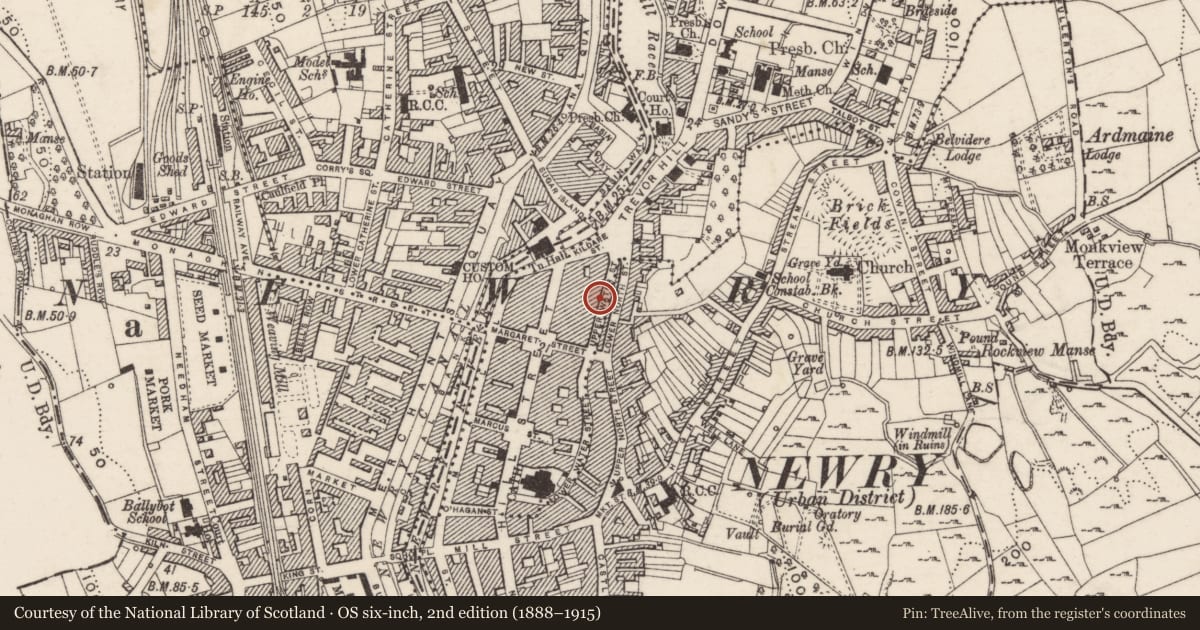 Ordnance Survey six-inch map, 2nd edition (1888–1915) covering the location of 18 A&B Upper Water Street, Carneyhough, Newry, Mourne and Down, with a pin at the register's coordinates