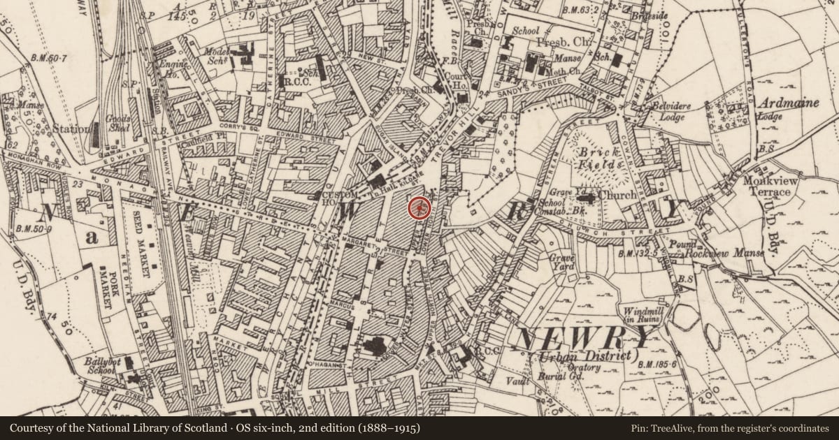 Ordnance Survey six-inch map, 2nd edition (1888–1915) covering the location of 22 Upper Water Street, Carneyhough, Newry, Mourne and Down, with a pin at the register's coordinates
