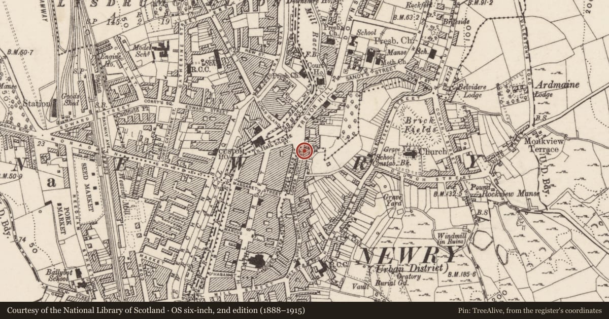 Ordnance Survey six-inch map, 2nd edition (1888–1915) covering the location of The Bridge Inn, Ballinacraig, Newry, Mourne and Down, with a pin at the register's coordinates