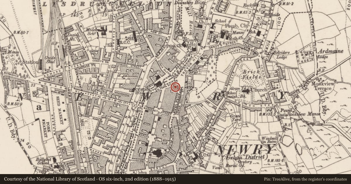 Ordnance Survey six-inch map, 2nd edition (1888–1915) covering the location of 7 Kildare Street, Carneyhough, Newry, Mourne and Down, with a pin at the register's coordinates