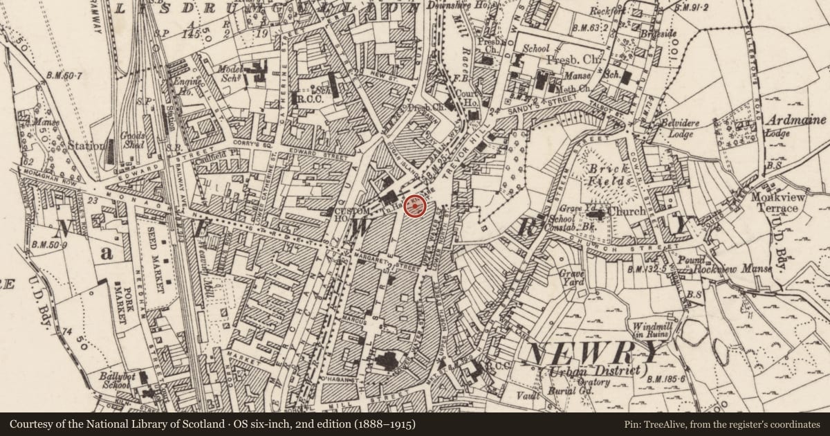 Ordnance Survey six-inch map, 2nd edition (1888–1915) covering the location of 3 Kildare Street, Carneyhough, Newry, Mourne and Down, with a pin at the register's coordinates