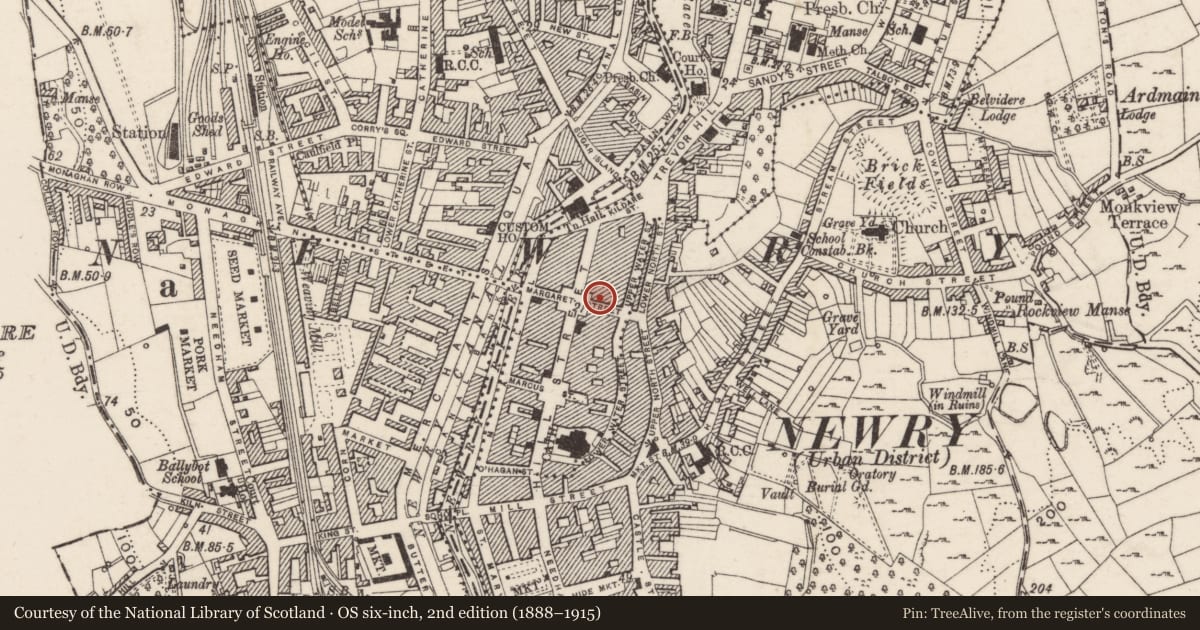 Ordnance Survey six-inch map, 2nd edition (1888–1915) covering the location of 11-13 Margaret Street, Carneyhogue, Newry, Mourne and Down, with a pin at the register's coordinates