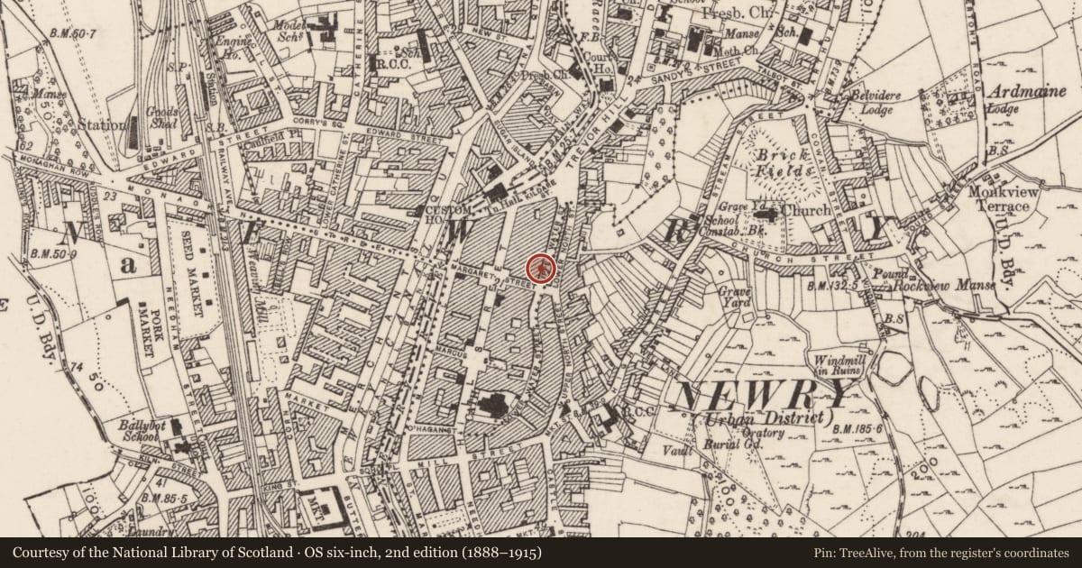 Ordnance Survey six-inch map, 2nd edition (1888–1915) covering the location of 6 Upper Water Street, Carneyhough, Newry, Mourne and Down, with a pin at the register's coordinates