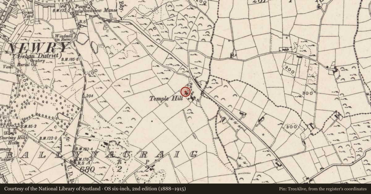 Ordnance Survey six-inch map, 2nd edition (1888–1915) covering the location of Temple Hill House, Ballynacraig, Newry, Mourne and Down, with a pin at the register's coordinates