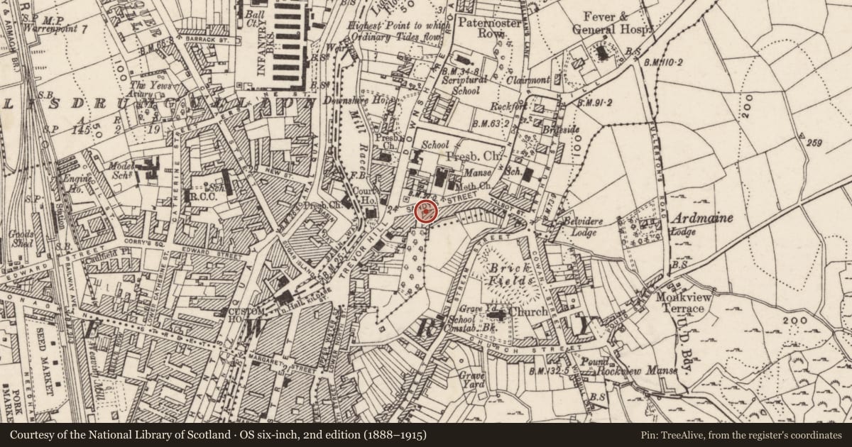 Ordnance Survey six-inch map, 2nd edition (1888–1915) covering the location of 8 Sandys Street, Carneyhough, Newry, Mourne and Down, with a pin at the register's coordinates