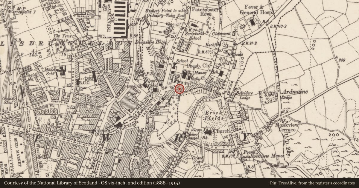 Ordnance Survey six-inch map, 2nd edition (1888–1915) covering the location of 9 Sandys Street, Carneyhough, Newry, Mourne and Down, with a pin at the register's coordinates