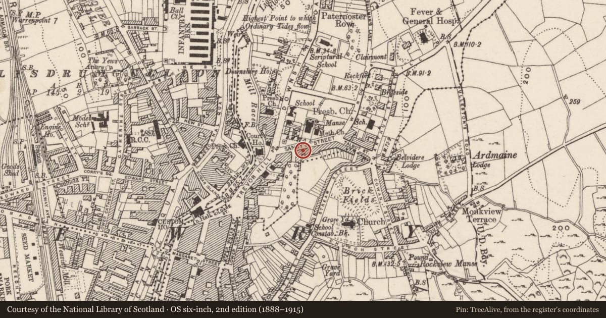 Ordnance Survey six-inch map, 2nd edition (1888–1915) covering the location of 10 Sandy's Street, Newry, Mourne and Down, with a pin at the register's coordinates