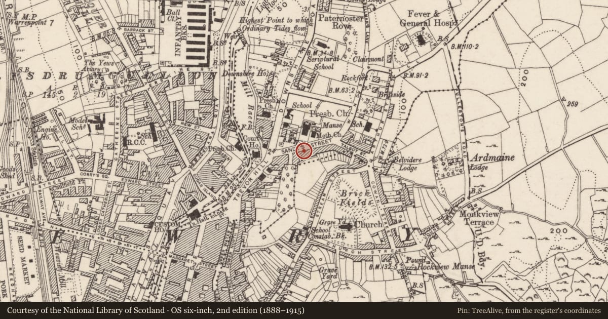 Ordnance Survey six-inch map, 2nd edition (1888–1915) covering the location of 12 Sandy's Street, Newry, Mourne and Down, with a pin at the register's coordinates