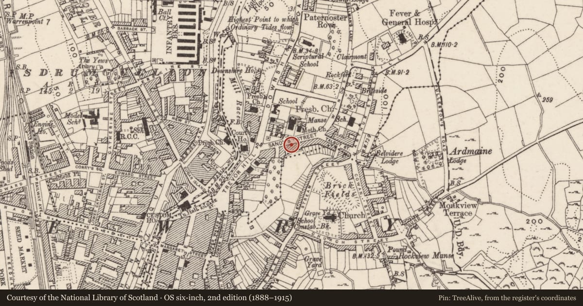 Ordnance Survey six-inch map, 2nd edition (1888–1915) covering the location of 13 Sandys Street, Carneyhough, Newry, Mourne and Down, with a pin at the register's coordinates