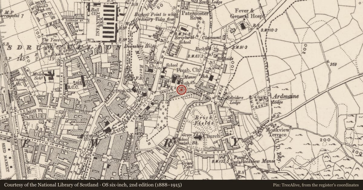 Ordnance Survey six-inch map, 2nd edition (1888–1915) covering the location of 19 Sandys Street, Carneyhough, Newry, Mourne and Down, with a pin at the register's coordinates