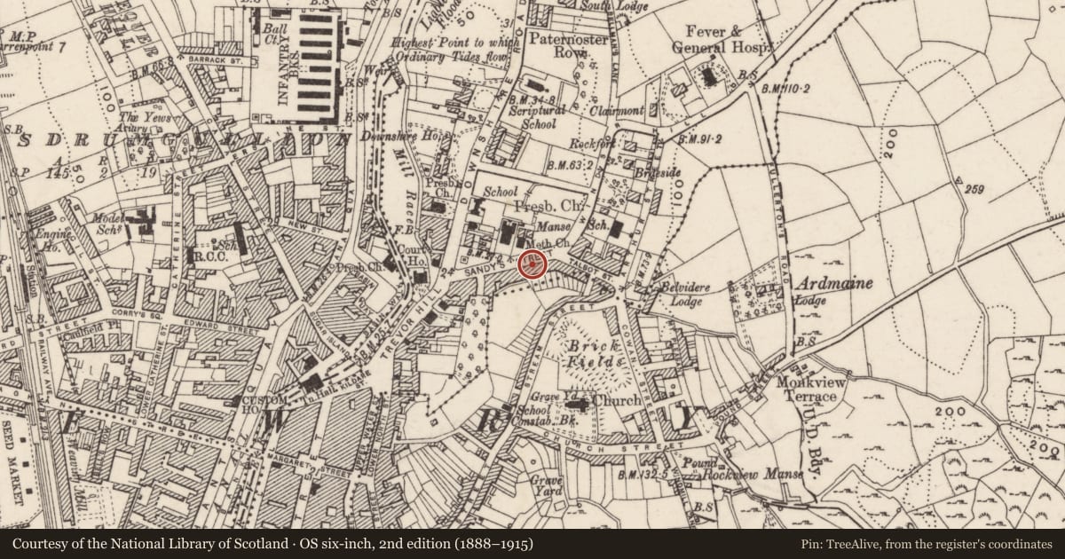 Ordnance Survey six-inch map, 2nd edition (1888–1915) covering the location of 20 Sandy's Street, Carneyhough, Newry, Mourne and Down, with a pin at the register's coordinates
