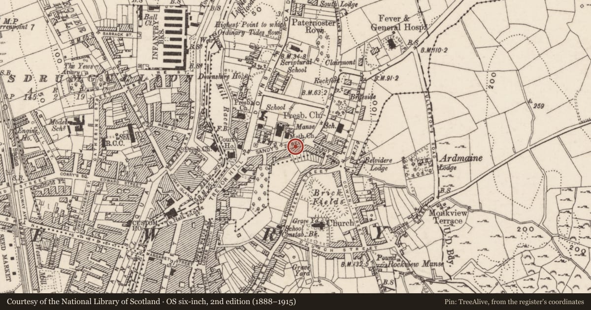 Ordnance Survey six-inch map, 2nd edition (1888–1915) covering the location of 21 Sandy's Street, Carneyhough, Newry, Mourne and Down, with a pin at the register's coordinates