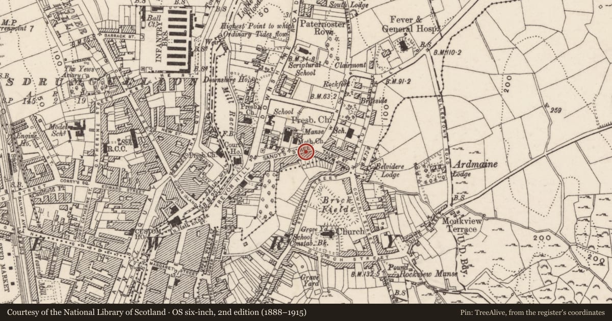 Ordnance Survey six-inch map, 2nd edition (1888–1915) covering the location of 22 Sandy's Street, Carneyhough, Newry, Mourne and Down, with a pin at the register's coordinates
